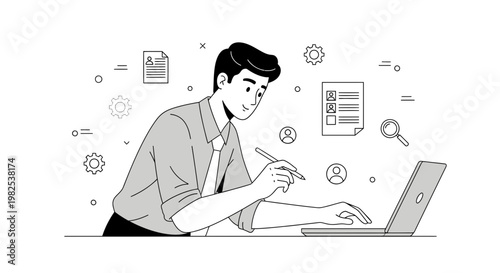 Man working on laptop with resume and hiring documents, recruitment concept
