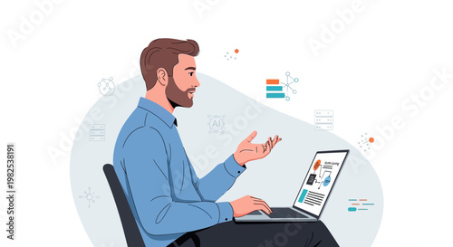 Man working on laptop, presenting data and ideas, remote work concept