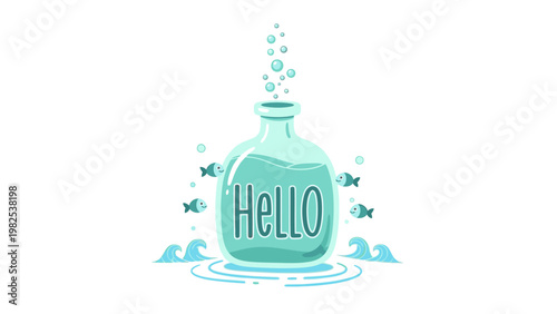 Illustration of a teal glass bottle with 'Hello' on it surrounded by fish and bubbles on a white background.