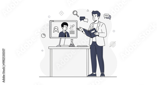 Online Education Concept: Teacher Presenting Online Course with Students on Screen