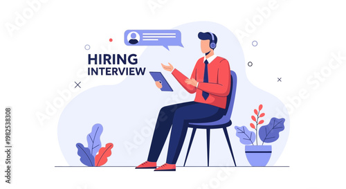 Online Hiring Interview: Man with Headphones and Tablet in Video Call