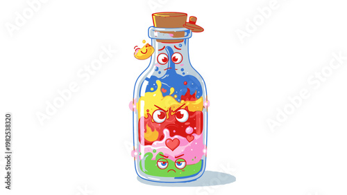 Colorful puzzle pieces in a glass bottle with a cork stopper on a plain white background.