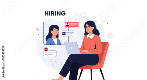 Online hiring process: woman interviewing candidate via video call on laptop