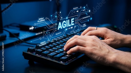 Close up of hands typing on keyboard with futuristic agile project management interface