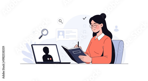 Online job interview, woman taking notes during video call with candidate