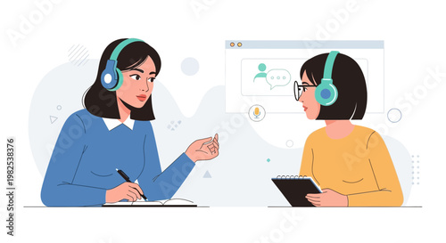 Online Meeting: Two women in headphones discussing, one taking notes, the other on screen
