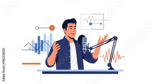 Podcaster Speaking into Microphone with Sound Waves and Graphs