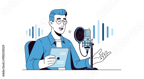 Podcaster Speaking into Microphone, Holding Tablet, Sound Waves Illustration