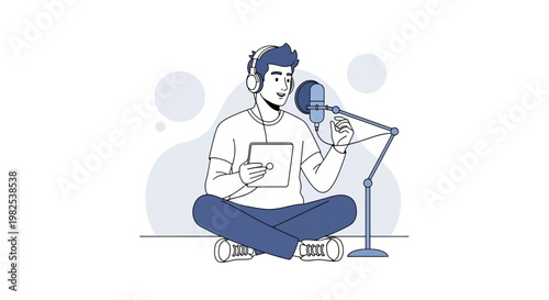 Podcaster with Headphones and Microphone Recording Audio Content on Tablet