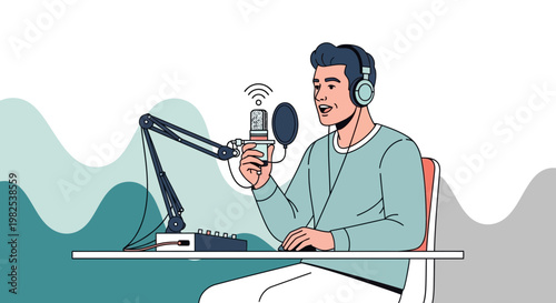 Podcaster speaking into microphone with headphones, audio equipment, broadcasting concept