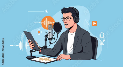 Podcaster with Headphones and Microphone Recording Audio on Tablet