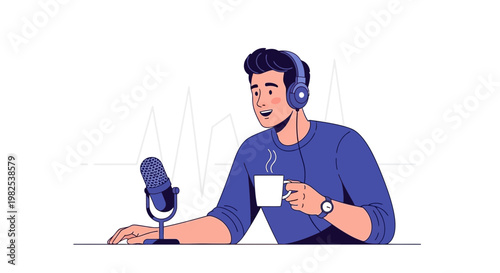 Podcaster with Headphones Holding Coffee Cup Near Microphone, Recording Audio
