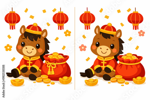 Spot the Difference Game for Kids Featuring a Cute Chinese Zodiac Horse in Traditional Costume, Bag of Gold Coins and Red Lanterns, Educational Puzzle for Preschool and Kindergarten Children.