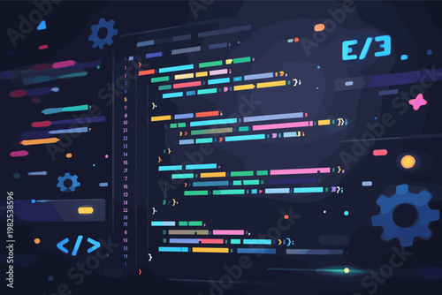 Abstract Colorful Programming Code on Dark Screen for Software Development and Application Engineering, Digital Interface with Syntax Highlighting, Web Coding, Scripting and Technology Background