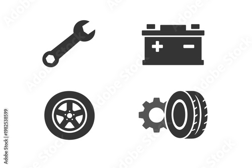 Set of Minimalist Flat Vector Icons for Car Repair and Automotive Maintenance Services Featuring a Wrench, Car Battery, Wheel Rim, and Tire with Gear Symbol for Garage Workshop Branding and Design