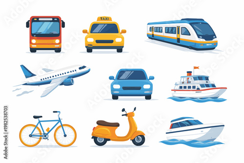 Comprehensive Collection of Transportation Icons Featuring Public Transit, Bus, Taxi, Train, Airplane, Car, Cruise Ship, Bicycle, Scooter, and Motorboat in a Modern Flat Vector Style.