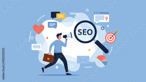 Digital marketing expert with a megaphone and a giant magnifying glass for SEO representing search engine optimization and online advertising.