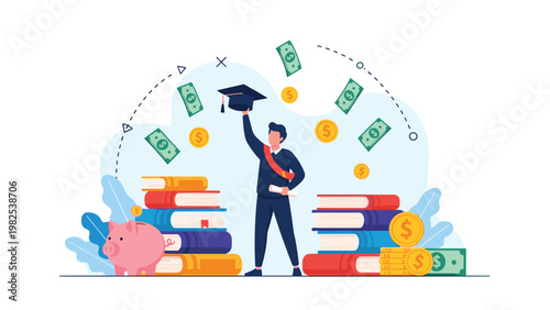 Proud graduate holding his cap high surrounded by books and money representing investment in education and successful academic journey.