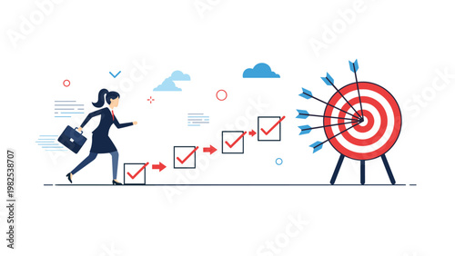 Determined businesswoman running along a path of successful checkmarks towards a target bullseye representing project completion and goals.