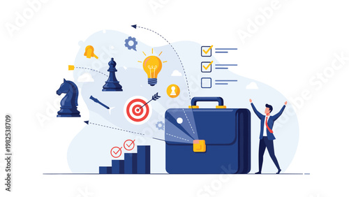 Joyful professional celebrating his win next to a briefcase releasing icons of targets and chess pieces representing a perfect business strategy.