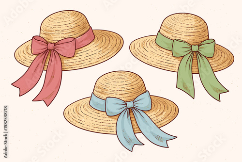 Vintage Hand Drawn Vector Illustration of Three Straw Sun Hats with Colorful Ribbons in Pink Green and Blue. Elegant Summer Fashion Accessories for Beach Gardening and Outdoor Leisure Activities.