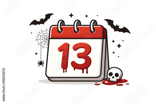 Friday the 13th Calendar Icon Vector Illustration with Dripping Red Number Thirteen, Spooky Skull, Bats, Spider Web, and Blood Puddle for Halloween Horror Theme and Superstition Concept Design
