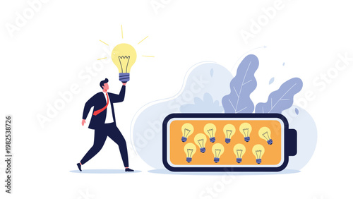 Businessman holding bright lightbulb standing next to large battery full of glowing ideas for creative energy power storage.