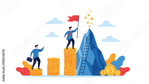 Ambitious professionals climbing stacks of gold coins to reach success on mountain peak with falling wealth and raining money.