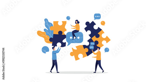 Collaborative team working together to assemble large jigsaw puzzle pieces symbolizing effective communication and group strategy.