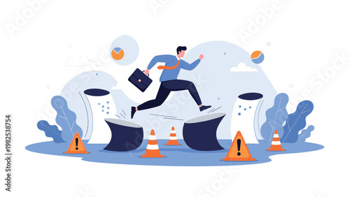 Brave businessman jumping over dangerous obstacles and pits to overcome challenges and reach goals in competitive environment.