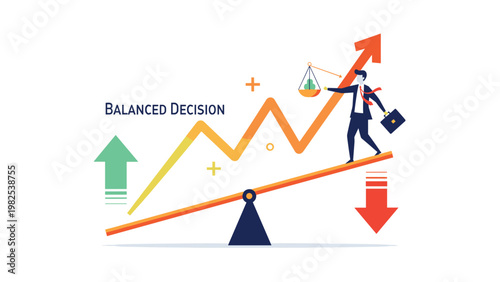Focused professional balancing on seesaw while holding scales against backdrop of rising arrow for strategic balanced decision.