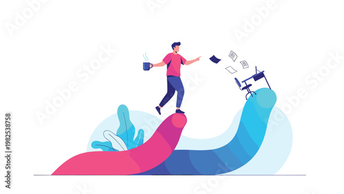 Creative worker walking along colorful wave path towards office desk to finish tasks and achieve professional career goals.