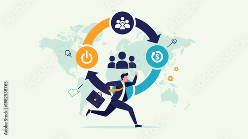Energetic professional running within continuous business cycle over world map representing global operations and sustainable growth.