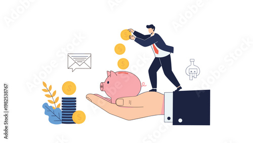Responsible man depositing gold coins into pink piggy bank supported by large hand representing financial security and savings.