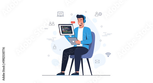 Programmer working remotely with laptop and tablet, coding and communication icons