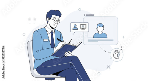 Psychologist or therapist taking notes during a remote consultation with a patient