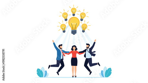 Successful group of professionals jumping for joy under glowing lightbulbs representing collective creativity and business ideas.