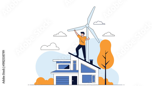 Eco-friendly homeowner installing wind turbine on roof of modern house to harness clean renewable energy for sustainable living.