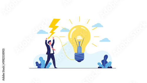 Innovative thinker holding glowing bulb while being struck by lightning of inspiration with creative ideas coming from giant head.