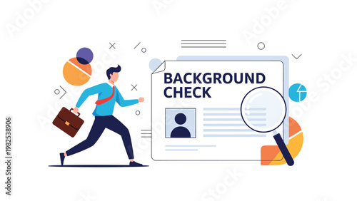 Professional businessman running towards background check document with magnifying glass for job application and security.