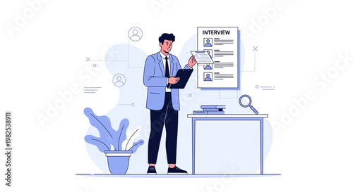 Recruiter reviewing candidate resumes for job interview, hiring process concept