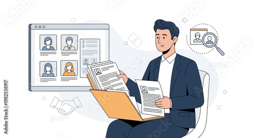 Recruiter reviewing resumes and candidate profiles on computer screen for hiring