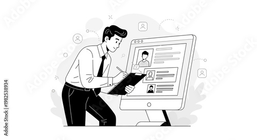 Recruiter reviewing resumes on computer screen, man with clipboard, hiring process