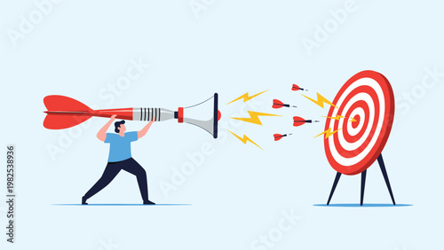 Powerful marketer using giant megaphone dart to shoot smaller arrows at a bullseye target for effective advertising campaign.
