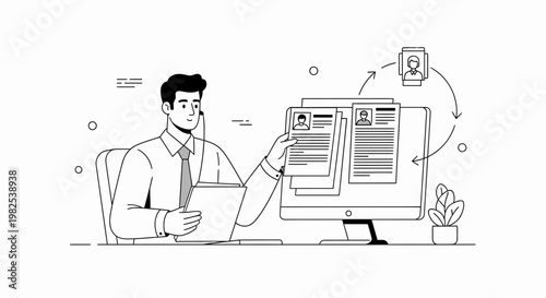 Recruiter reviewing resumes on computer screen, hiring process, HR, job search, candidate selection