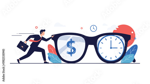 Determined professional pushing large eyeglasses with dollar sign and clock lenses for balanced time and money management.