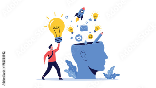 Creative businessman holding bright lightbulb standing next to giant head full of flying innovative startup and business ideas.