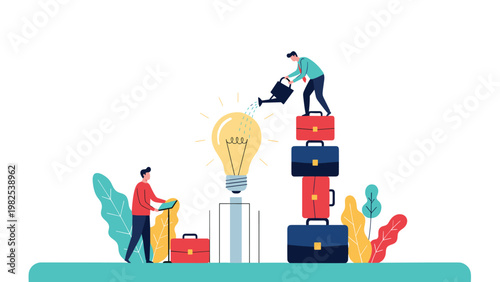 Businessmen collaborate to nurture innovation by watering a large glowing lightbulb while standing on a tall stack of briefcases.