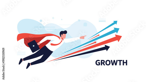 Superhero businessman flying alongside multiple rising growth arrows represents rapid career advancement and high-performing corporate success.