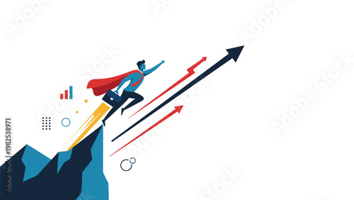 Ambitious businessman dressed as a superhero launches off a mountain cliff into the sky to achieve rapid financial and professional growth.